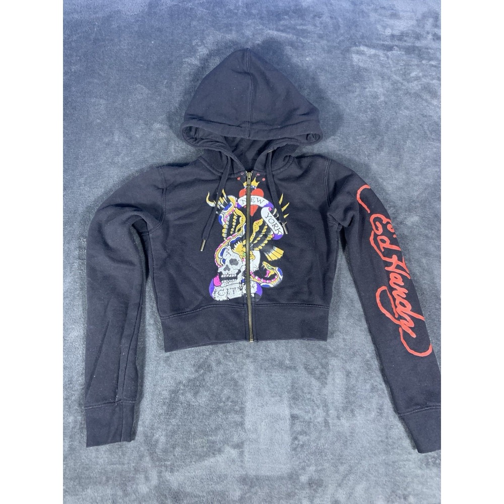 Vintage Y2K Ed Hardy Black Women's Cropped Zip Up Hoodie Size XS